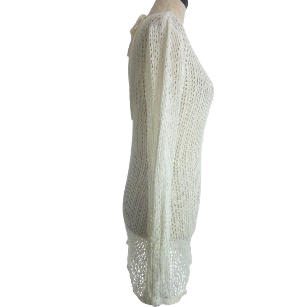 Womens S White Viscose Crochet Knit Swim Cover Up Long Sleeve Beach Dress - Picture 2 of 8